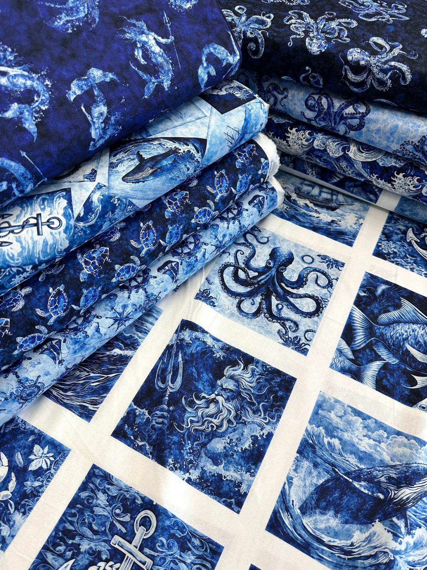 Ocean Blues by Morris Creative Group Nautical Motif Overlapping Patches Blue    30856B Cotton Woven Fabric