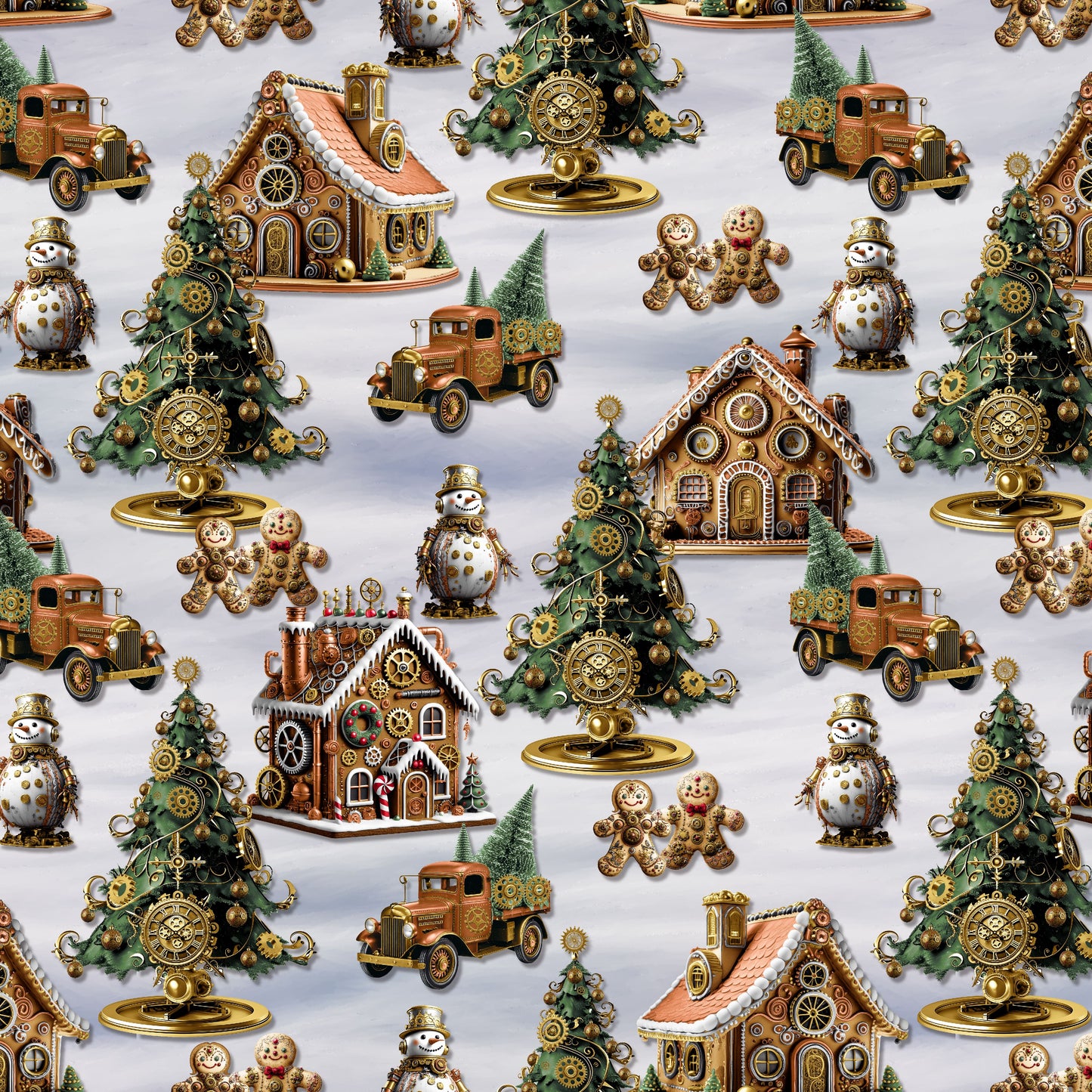 Preorder July 2026: Gears and Garland Gingerbread Houses With Snowmen and Christmas Trees Lt Gray 4820-90 by Urban Essence Designs