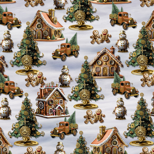 Preorder July 2026: Gears and Garland Gingerbread Houses With Snowmen and Christmas Trees Lt Gray 4820-90 by Urban Essence Designs
