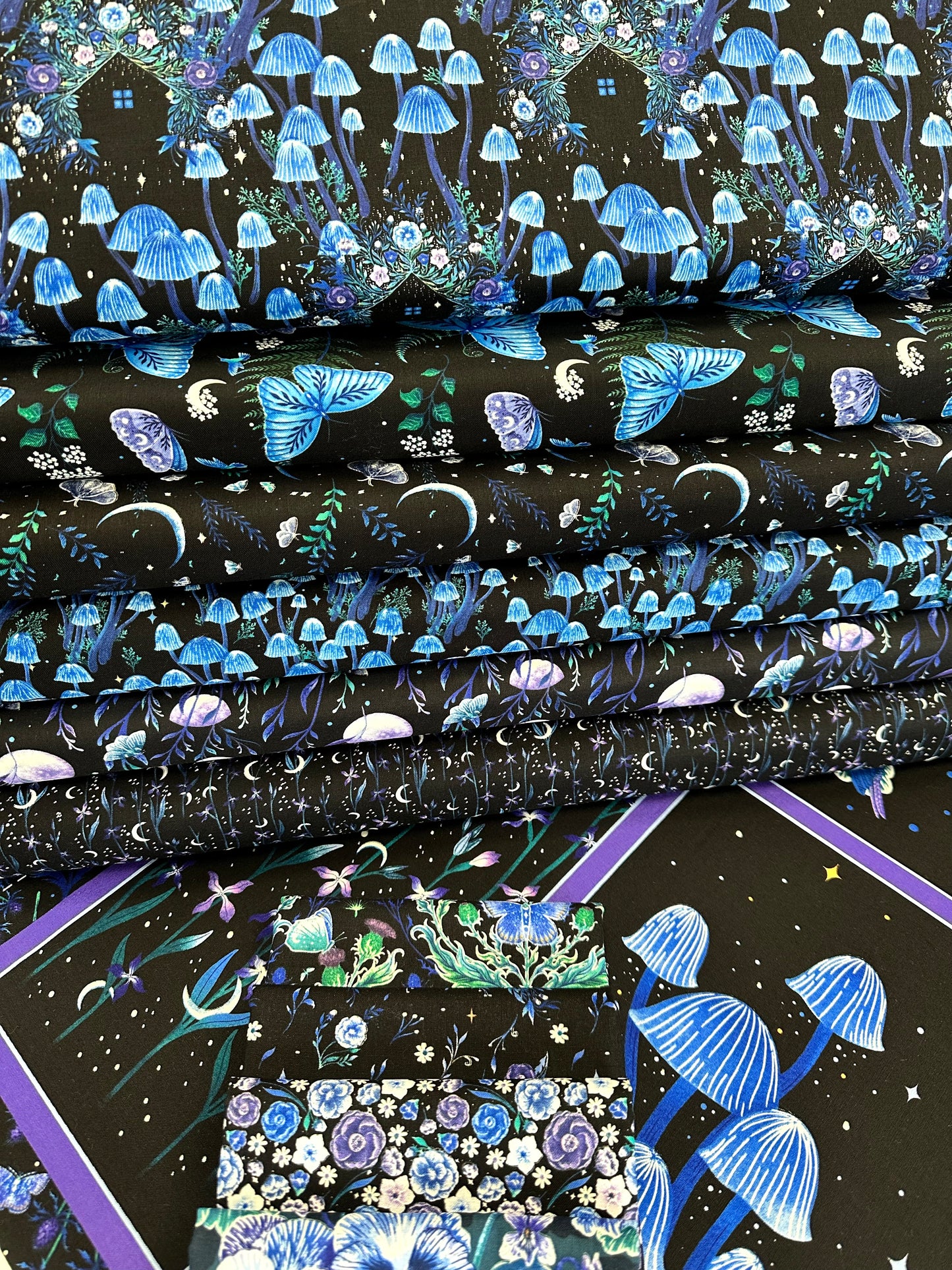 New Arrival: Jardin de Lune Glow by Episodic Drawings Mushrooms with Houses Black  3829G-99 Cotton Woven Fabric