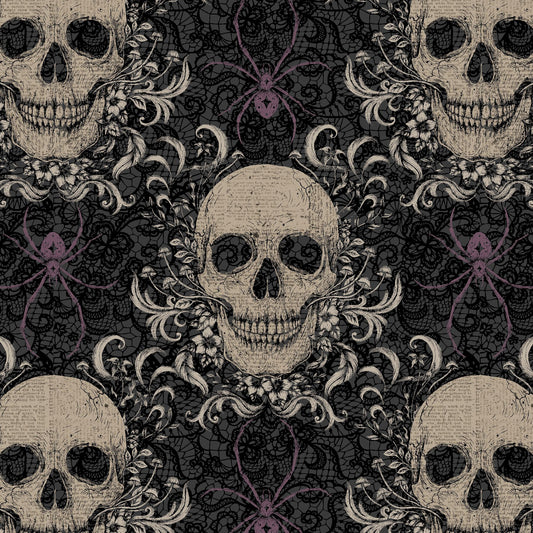 Preorder June 2026: Darkly Enchanted Charcoal Skull Damask With Spiders 4794-98 by Episodic Drawing