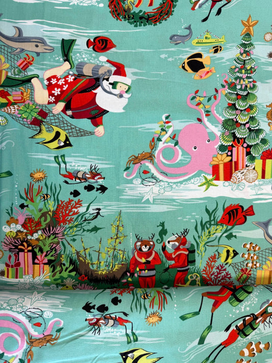 Alexander Henry Super Rare Christmas Time Scuba Santa 8753A Aqua