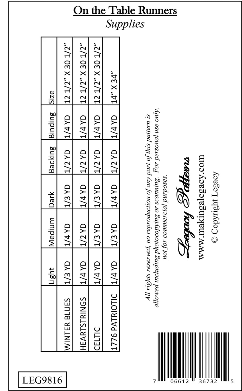 On the Table Runners LEG9816 by Audrey Wright