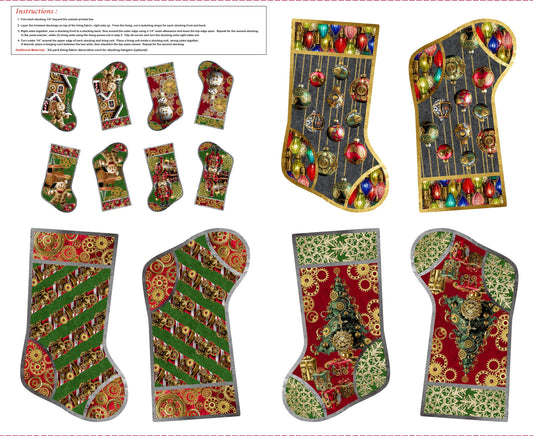 Preorder July 2026: Gears and Garland Steampunk Christmas Stocking 36" Panel Red 4832P-88 by Urban Essence Designs