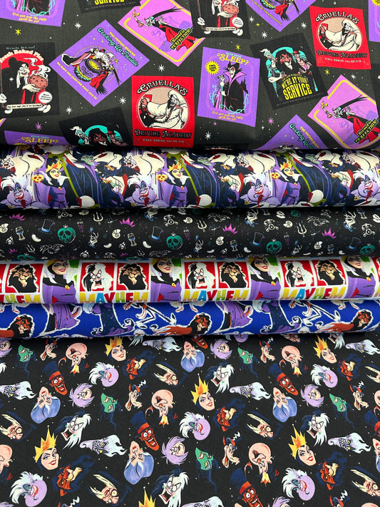 New Arrival: Licensed Disney Villains Mayhem Villain Cut-Out Collage Blue    85130810-1 Cotton Woven Fabric