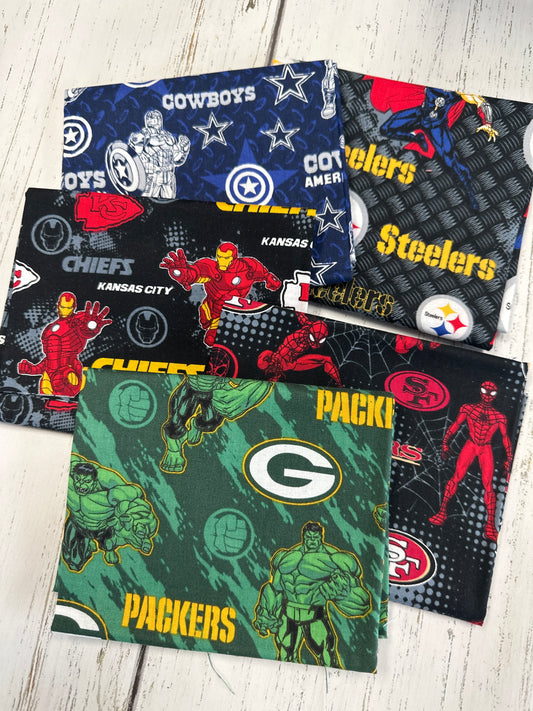 Licensed NFL Marvel Mash Up Fat Quarter Bundle of 5 Prints Cotton Woven