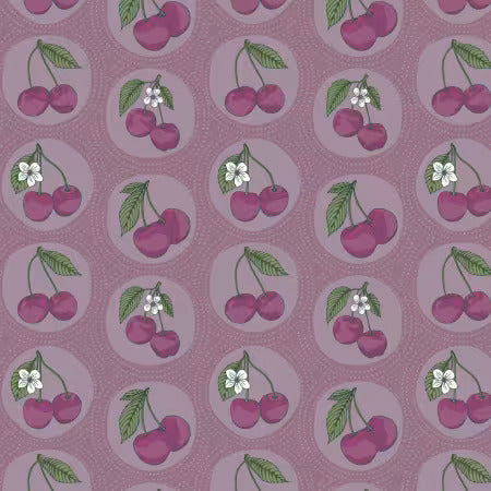 Preorder November 2026: Black Forest Dotted Cherries Light Purple 229261X by Jayme Murray Organic Cotton Woven
