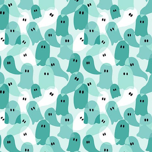 PREORDER ITEM-EXPECTED MARCH 2026: Ghostly Garden by K P Creates Ghost Party Aqua A-10202-T Cotton Woven Fabric