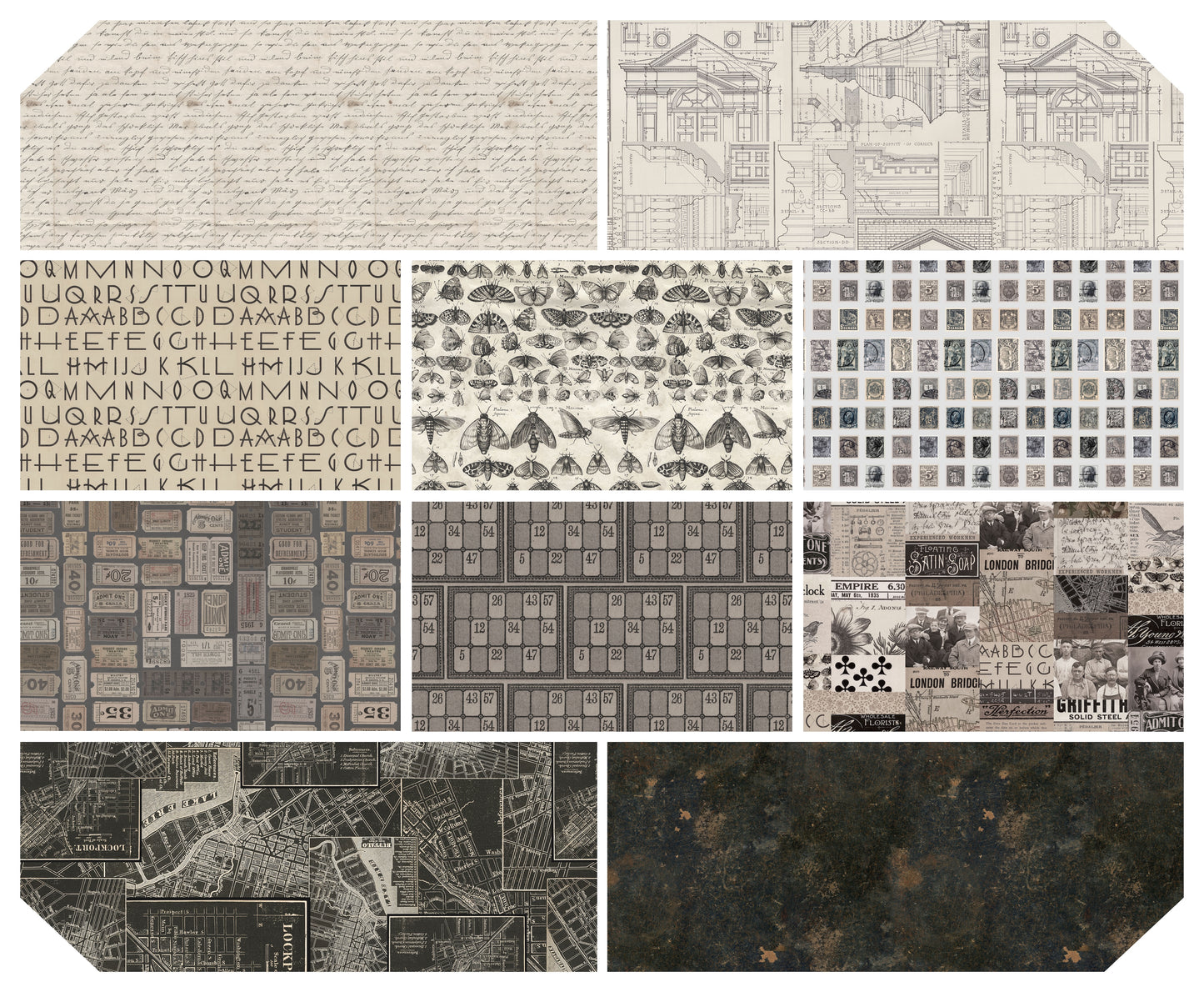 Tim Holtz Eclectic Element Palette Charcoal (Month 11) Subscription Program Fat Quarter Bundle of 10 Prints Cotton Woven Fabric  CSFQ Bundle