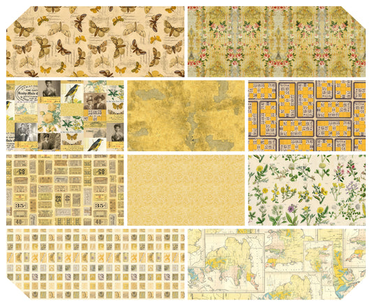 Yellow (Month 4)  Tim Holtz Eclectic Element Palette Subscription Program  Half Yard Bundle of 10 Prints Cotton Woven Fabric