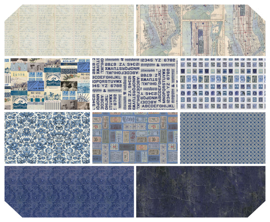 Tim Holtz Eclectic Element Palette  Indigo (Month 9) Subscription Program Fat Quarter Bundle of 10 Prints Cotton Woven Fabric  ISFQ Bundle