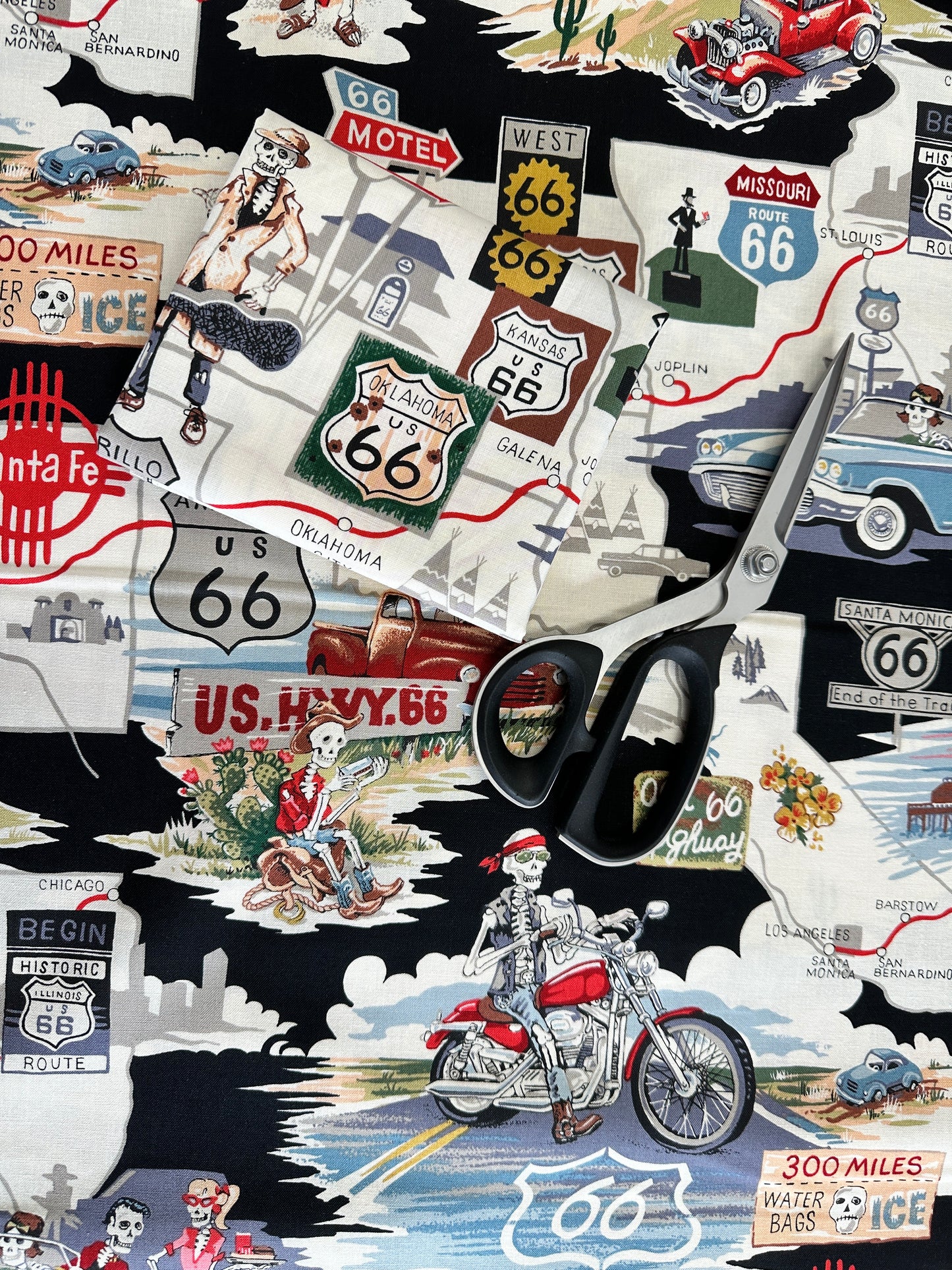 Nicole's Prints  Memories of Route 66 Black 9056b Cotton Woven Fabric