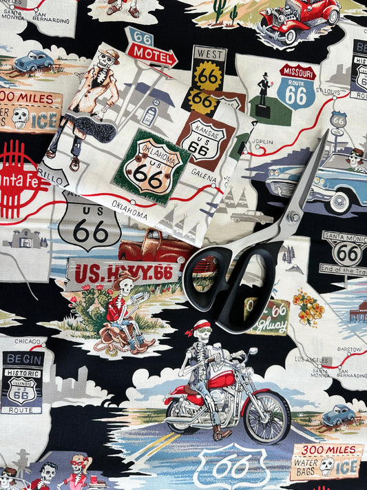 New Arrival: Nicole's Prints  Memories of Route 66 Black 9056b Cotton Woven Fabric