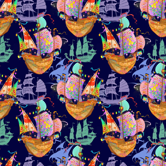 PREORDER ITEM-EXPECTED APRIL 2026: Divine Oceania by Aimee Stewart Royal Sailing Ships DDC12610-Navy Cotton Woven Fabric