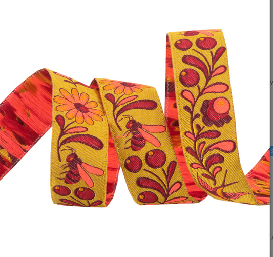 Tula Pink Everglow 7/8” wide Birds & Bees Ribbon Birds & Bees Original Woven Ribbon TK-108/22mm Col 1 Priced per Yard