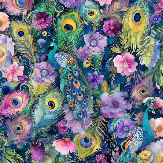 PREORDER ITEM EXPECTED JANUARY 2026: Wild Beauty Peacock Peek-A-Boo Floral PLUME-CD3961-NAVY Cotton Woven