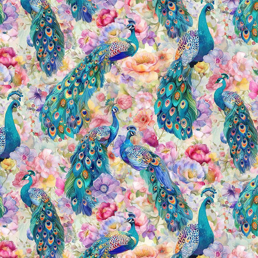 PREORDER ITEM EXPECTED JANUARY 2026: Wild Beauty Peacocks On Floral PLUME-CD3962-MULTI Cotton Woven