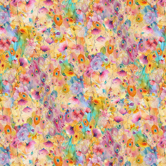 PREORDER ITEM EXPECTED JANUARY 2026: Wild Beauty Peacocks Morning Floral PLUME-CD3963-BRIGHT Cotton Woven