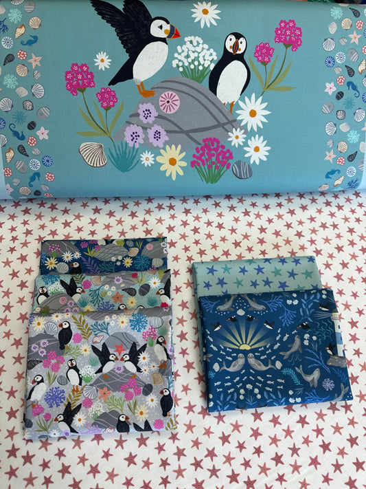 Puffin Rocks Puffin Bay Puffins on Sea Blue    A895A Cotton Woven Fabric