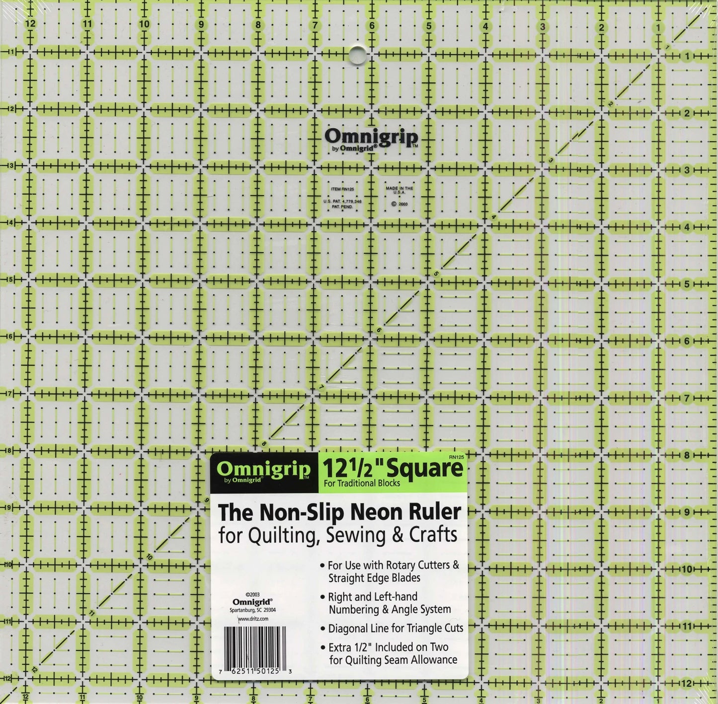 Omnigrid Omnigrip Neon Ruler 12 1/2"x 12 1/2" RN125