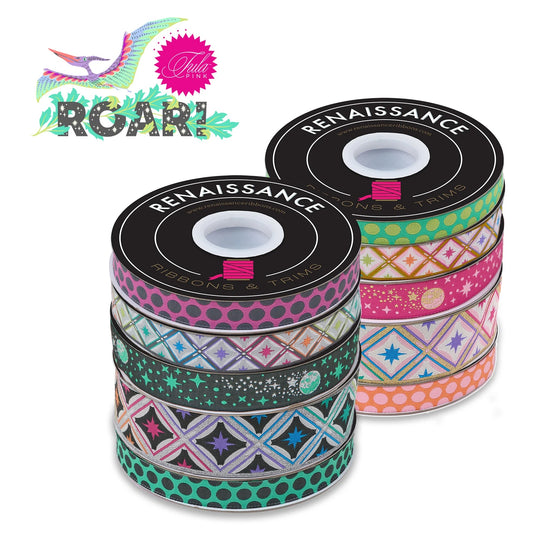 New Arrival: Roar Ribbon by Tula Pink  Dinosaur Eggs Blush 5/8" Width Woven Ribbon  tk-109-16mm-col-2-s Ribbon