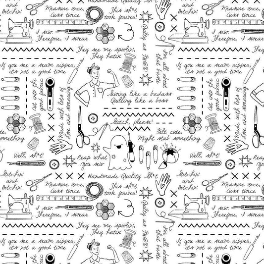 PREORDER ITEM - EXPECTED MARCH 2026: Quilty Helpurrs by Pammie Jane Sweary Stitching White STELLA-DPJ3098-WHITE Cotton Woven Fabric