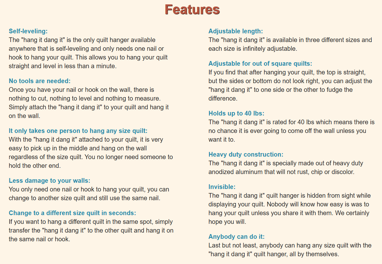 Hang It Dang It Adjustable Quilt Hanger 35" to 63" C3563