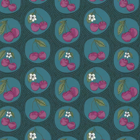 Preorder November 2026: Black Forest Dotted Cherries Teal 229259X by Jayme Murray Organic Cotton Woven