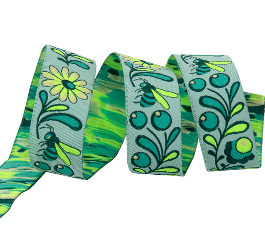 Tula Pink Everglow 7/8” wide Birds & Bees Ribbon Spirit Woven Ribbon TK-108/22mm Col 5 Priced per Yard