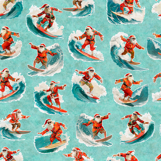 PREORDER ITEM - EXPECTED MAY 2025: Gotta Have it by Morris Creative Group Surfing Santas Aqua    31191Q Cotton Woven Fabric