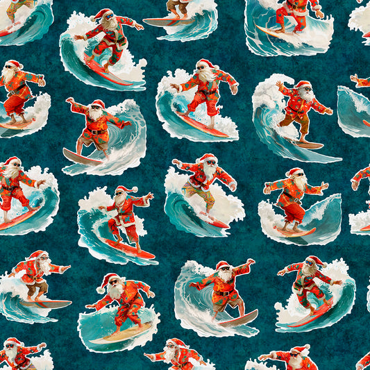 PREORDER ITEM - EXPECTED MAY 2025: Gotta Have it by Morris Creative Group Surfing Santas Teal    31191QB Cotton Woven Fabric