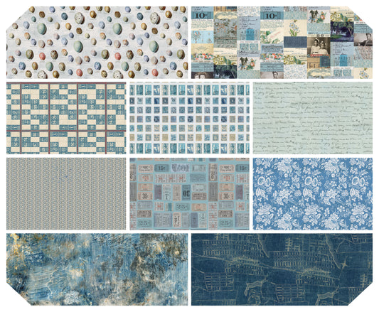 Tim Holtz Eclectic Element Palette Blue (Month 8) Subscription Program Full Yard Bundle of 10 Prints Cotton Woven Fabric  FullBlue Bundle