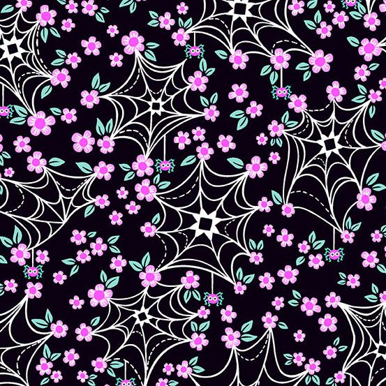 PREORDER ITEM-EXPECTED MARCH 2026: Ghostly Garden by K P Creates Web and Bloom Black A-10198-K Cotton Woven Fabric