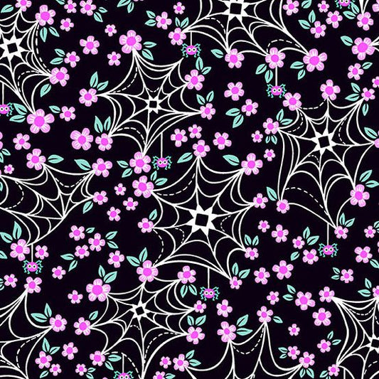 PREORDER ITEM-EXPECTED MARCH 2026: Ghostly Garden by K P Creates Web and Bloom Black A-10198-K Cotton Woven Fabric