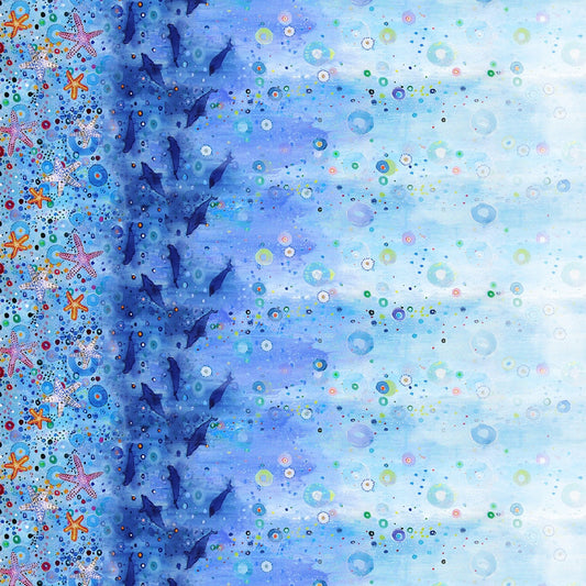 Wild Waters by Dawn Gerety Under the Sea Scene Single Border  (Starfish 8"; fish 9"; bubbles 27")   WWAT5481-MU Cotton Woven Fabric
