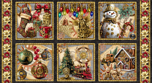Preorder July 2026: Gears and Garland Steampunk Christmas Blocks 24" Panel Black 4830-99 Urban Essence Designs