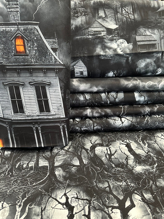 Wicked Spooky Cabins In The Wood Smoke    CD2761-SMOKE Cotton Woven Fabric