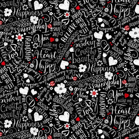 LAST PIECE 1 yard 25 inches Timeless Treasures You Make My Heart Happy by Gail Cadden Happy Scribble Words Gail-C7741-Black Cotton Woven Fabric