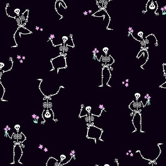 PREORDER ITEM-EXPECTED MARCH 2026: Ghostly Garden by K P Creates Skeleton Jig Black A-10196-K Cotton Woven Fabric