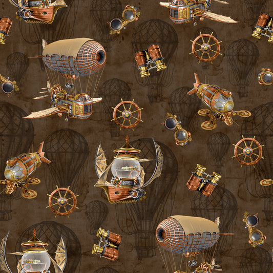 PREORDER ITEM - EXPECTED FEBRUARY 2025: Full Steam Ahead Airships Brown    3937-39 Cotton Woven Fabric