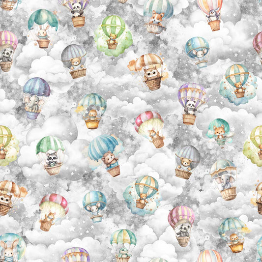 Oh the Places by Morris Creative Group Animals & Hot Air Balloons Sky Gray 30666K Cotton Woven Fabric