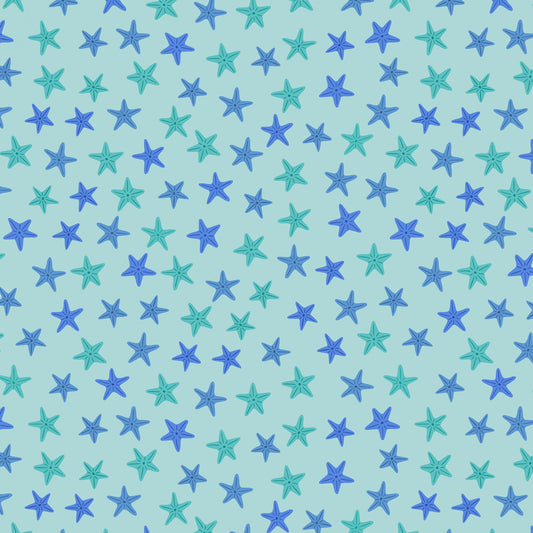 PREORDER ITEM - EXPECTED APRIL: Puffin Rocks Aqua Starfish on Sea Green    A896C Cotton Woven Fabric