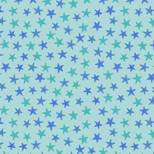 Puffin Rocks Aqua Starfish on Sea Green A896C Cotton Woven Fabric