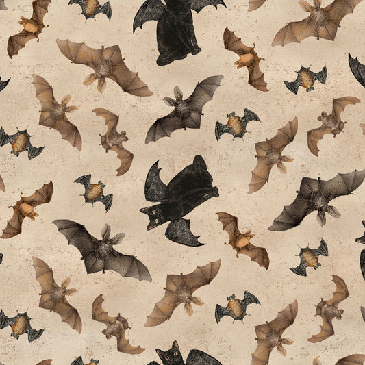 PREORDER ITEM - EXPECTED APRIL: Gothic Halloween Digital by Dan DiPaolo Bats & Cats Khaki    Y4441-12 Cotton Woven Fabric