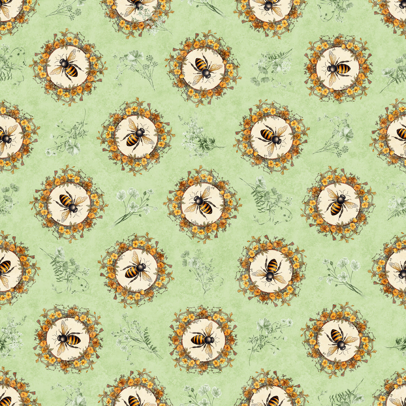 Queen Bee by Morris Creative Group Bee Circle Vignette Light Sage    30484H Cotton Woven Fabric