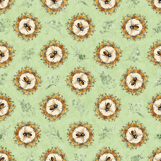 Queen Bee by Morris Creative Group Bee Circle Vignette Light Sage    30484H Cotton Woven Fabric