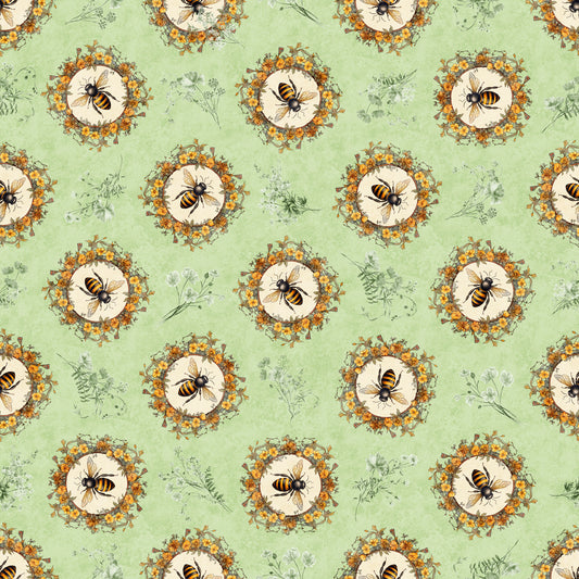Queen Bee by Morris Creative Group Bee Circle Vignette Light Sage 30484H Cotton Woven Fabric