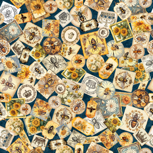 Queen Bee by Morris Creative Group Bee Collage Midnight 30483W Cotton Woven Fabric