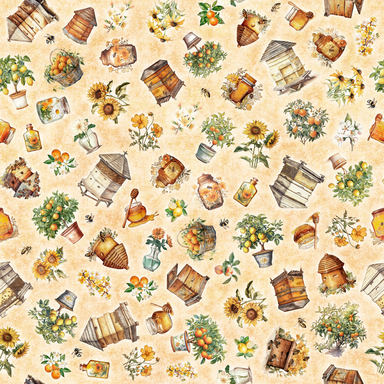 Queen Bee by Morris Creative Group Bee Hive & Plant Toss Lt Tan    30485A Cotton Woven Fabric