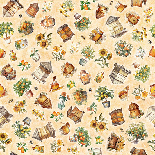 Queen Bee by Morris Creative Group Bee Hive & Plant Toss Lt Tan 30485A Cotton Woven Fabric